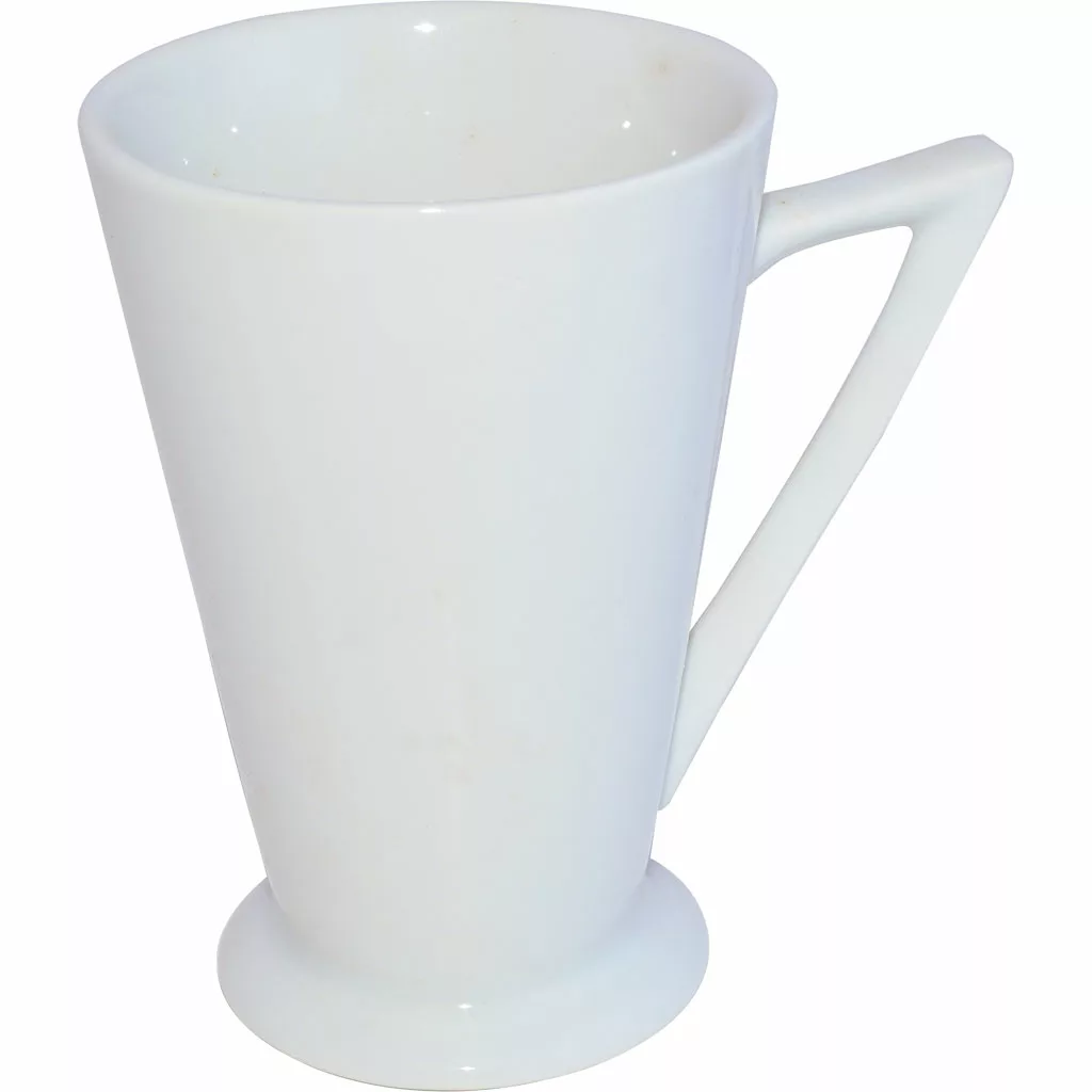Levtov International White Footed Mug 8 fl oz, with a flared base and angular geometric handle, shown isolated on a white background. © 2025 1st-line.com