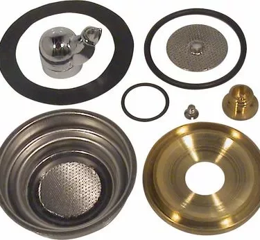 Metal and rubber components—rings, mesh discs, and fittings—from the Elektra 01886034 Pod Kit for Cappuccina are arranged on a white background, suitable for plumbing or mechanical assembly. © 2025 1st-line.com