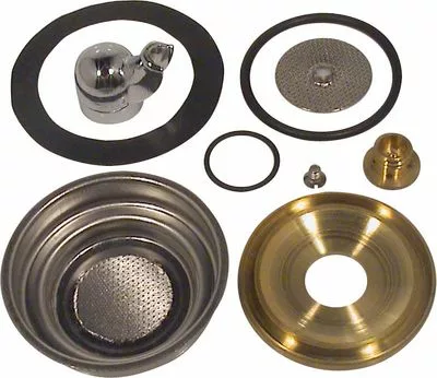 Metal and rubber components—rings, mesh discs, and fittings—from the Elektra 01886034 Pod Kit for Cappuccina are arranged on a white background, suitable for plumbing or mechanical assembly. © 2025 1st-line.com