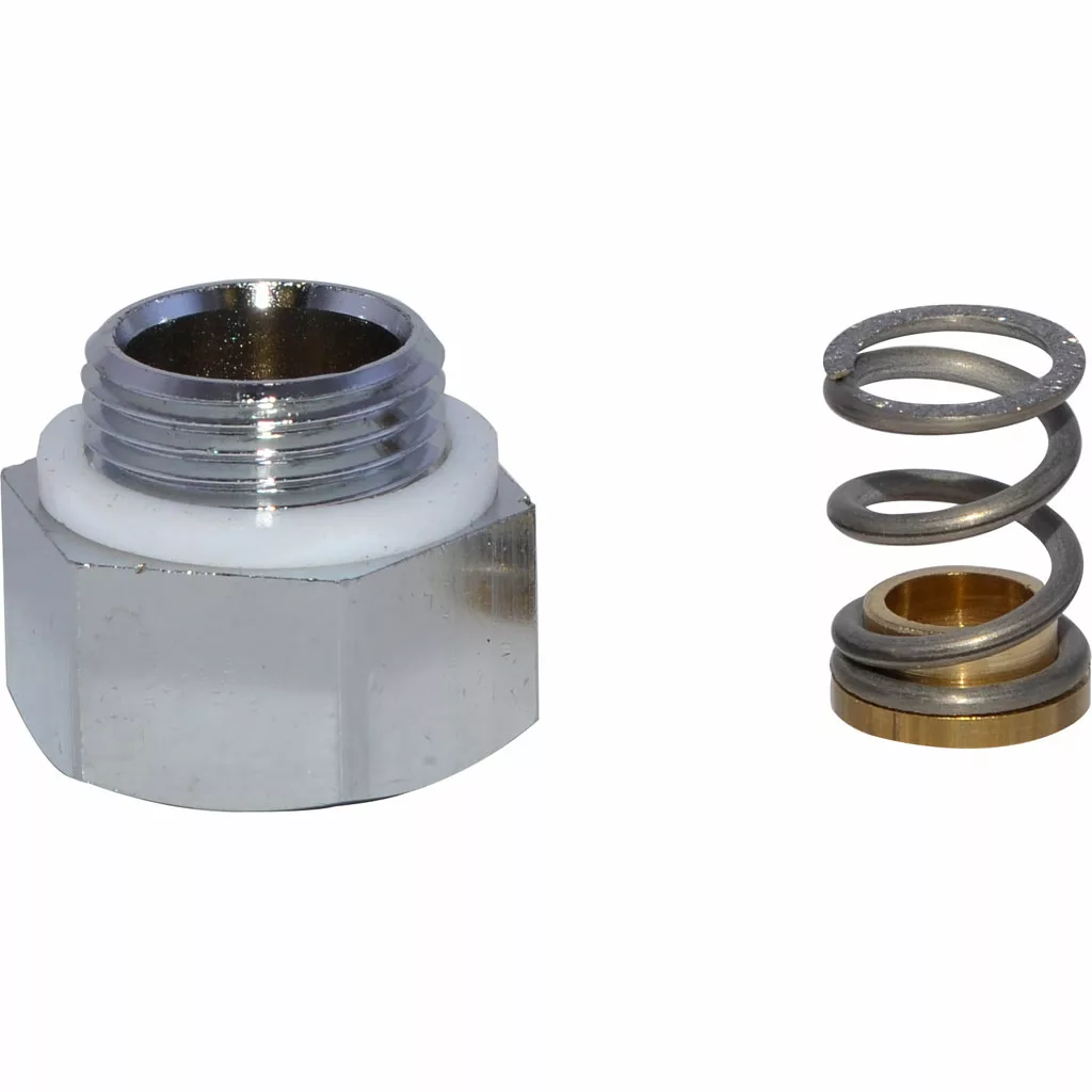 On the left is a hexagonal metal nut with a white washer; on the right, a coiled metal spring with a brass base—both parts from the Isomac 000681 Water/ Cool Touch Steam Wand Kit - Millennium—set against a plain white background. © 2025 1st-line.com