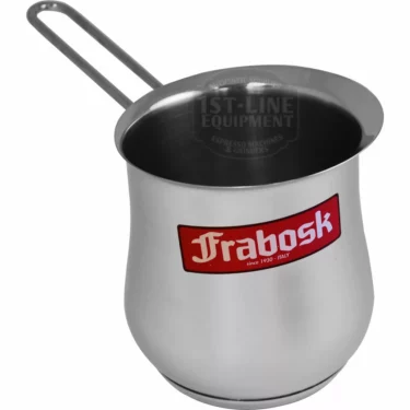 SIDEWALK SALE - Frabosk Turkish Coffee Pot - 9 cup, stainless steel with a long handle and red Frabosk label on the side, shown from a slightly elevated angle. © 2025 1st-line.com