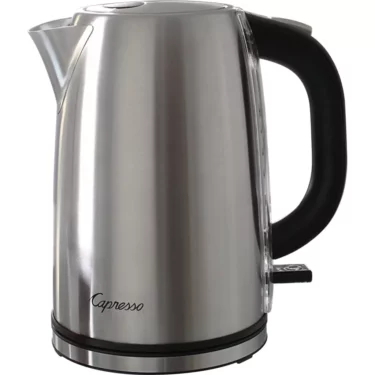 SOLD SIDEWALK SALE - Capresso H2O Steel Electric Water Kettle - 1.6L D911. Stainless steel with black handle/spout, Capresso logo at base, and side water level indicator. © 2025 1st-line.com