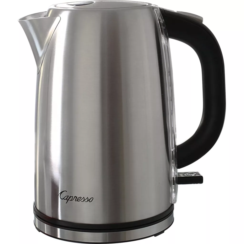 SOLD SIDEWALK SALE - Capresso H2O Steel Electric Water Kettle - 1.6L D911. Stainless steel with black handle/spout, Capresso logo at base, and side water level indicator. © 2025 1st-line.com