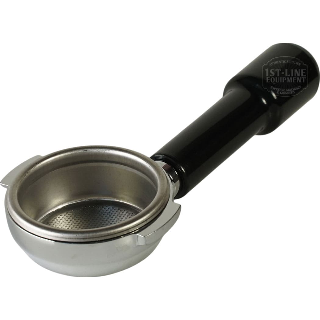 The 1st-line Bottomless E61 Portafilter with 3-Cup 58mm Basket and ~6.5mm lips, featuring a black handle, is displayed on a white background. © 2025 1st-line.com