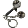 The 1st-line Portafilter Keychain - 17mm, dual spout is a miniature espresso portafilter keychain with a handle, chain to a round ring, and detachable 17mm filter basket—perfect for coffee lovers. © 2025 1st-line.com