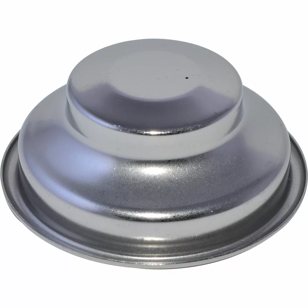 The 1st-Line Single 58mm Pressurized Professional Filter Basket features a shiny, metallic, round design with tiers, resembling an inverted bowl or pie tin, shown against a white background. © 2025 1st-line.com