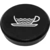The 1st-line Water Knob Cover features a black, round design with a white teacup and saucer icon, ideal as a stylish replacement for Bezzera or Pasquini espresso machines. © 2025 1st-line.com