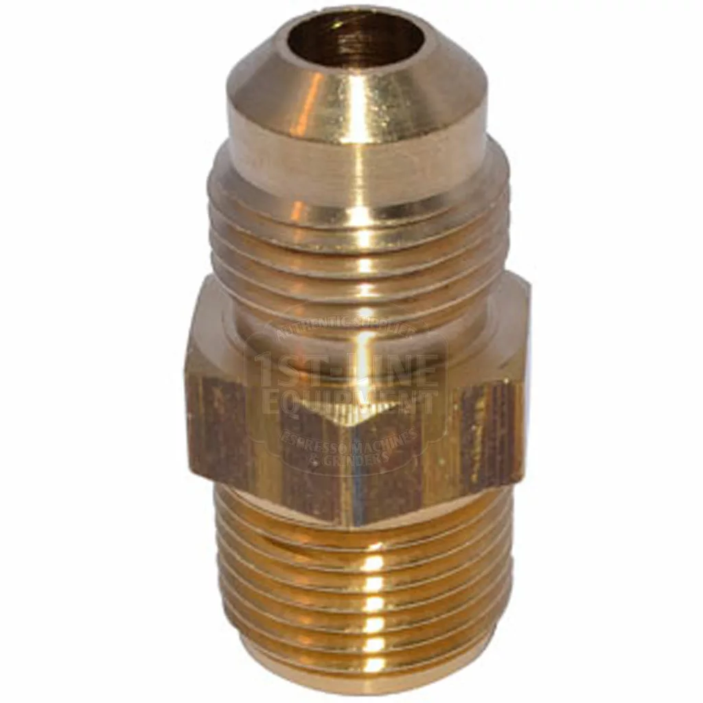 The 3/8 BSPP to 3/8 Standard Adapter Flare Fitting connects two pipes or hoses, featuring external threads on both ends and a hex center for tightening—ideal for commercial espresso machines. © 2025 1st-line.com