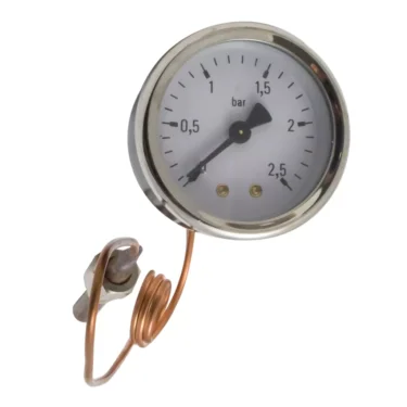 The ACS VEN0004 Boiler Pressure Gauge is a round analog gauge with a white dial, black markings, and a needle indicator, attached to a coiled copper tube. It measures pressure from 0 to 2.5 bar. © 2025 1st-line.com