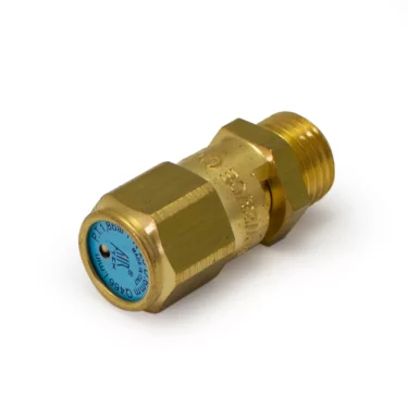 The ACS VEN0015 Safety Valve is a brass gas flashback arrestor with a threaded male connector and a blue end label, used in espresso machines, shown on a white background. © 2025 1st-line.com