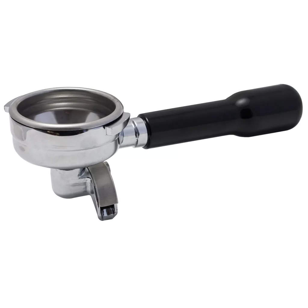 The ACS VEN0022 58mm 2-Cup Portafilter with a black handle and visible spout is photographed empty against a white background. © 2025 1st-line.com