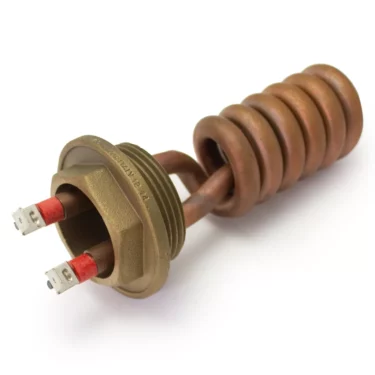 The ACS VES0039 Steam Heating Element Brew B. 1400W, 110V - Vesuvius is a copper immersion heater with a coiled tube and two terminals, ideal for espresso or coffee machines, shown isolated on a white background. © 2025 1st-line.com