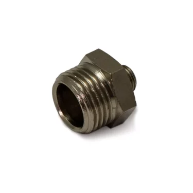 The ACS VES0112 1/2 to 1/8 Reducer is a metal hexagonal pipe fitting with a wider opening and a narrower threaded end, commonly used in espresso makers, shown against a white background. © 2025 1st-line.com