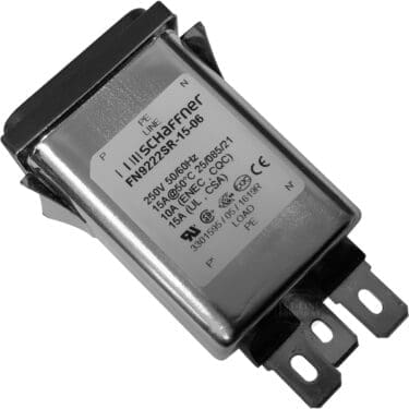 The ACS VES0136 Espresso Power Plug Socket - 110V is a rectangular unit with metal casing, technical specs and safety labels, mounting flanges, and terminal connectors for secure electrical connections. © 2025 1st-line.com