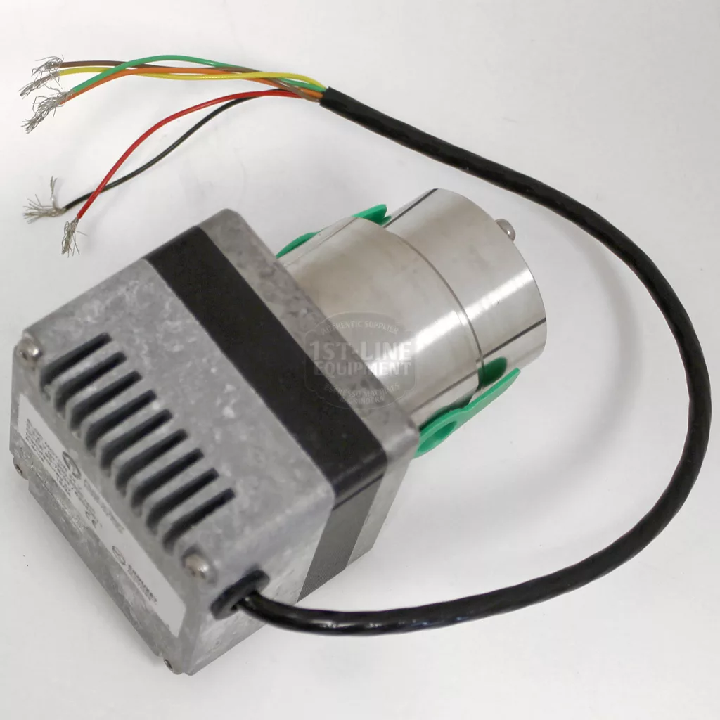 The ACS Vesuvius VES0022 Magnetic Gear Pump features a small metal casing, black base, ventilation slots, and a black cable ending in exposed red, yellow, green, and white wires on a white background. © 2025 1st-line.com