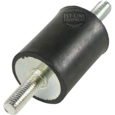 The Ambiente Espresso Shock Absorbing Rear Foot/Leg for Vesuvius and Vostok 1 is a cylindrical rubber damper with metal threaded studs on both ends, shown on a white background. The 1st-Line Equipment logo appears on top. © 2025 1st-line.com