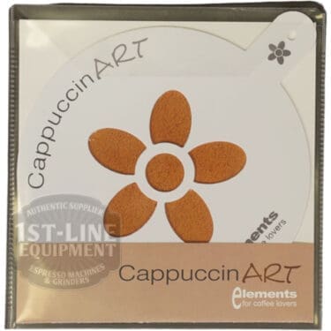 The Ascaso CappuccinART Latte Art Flower Pattern kit lets you create beautiful flower designs on coffee foam, shown in its branded packaging with a sample pattern made from cocoa or cinnamon. Perfect for coffee lovers. © 2025 1st-line.com