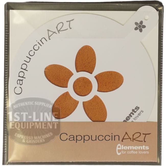 The Ascaso CappuccinART Latte Art Flower Pattern kit lets you create beautiful flower designs on coffee foam, shown in its branded packaging with a sample pattern made from cocoa or cinnamon. Perfect for coffee lovers. © 2025 1st-line.com