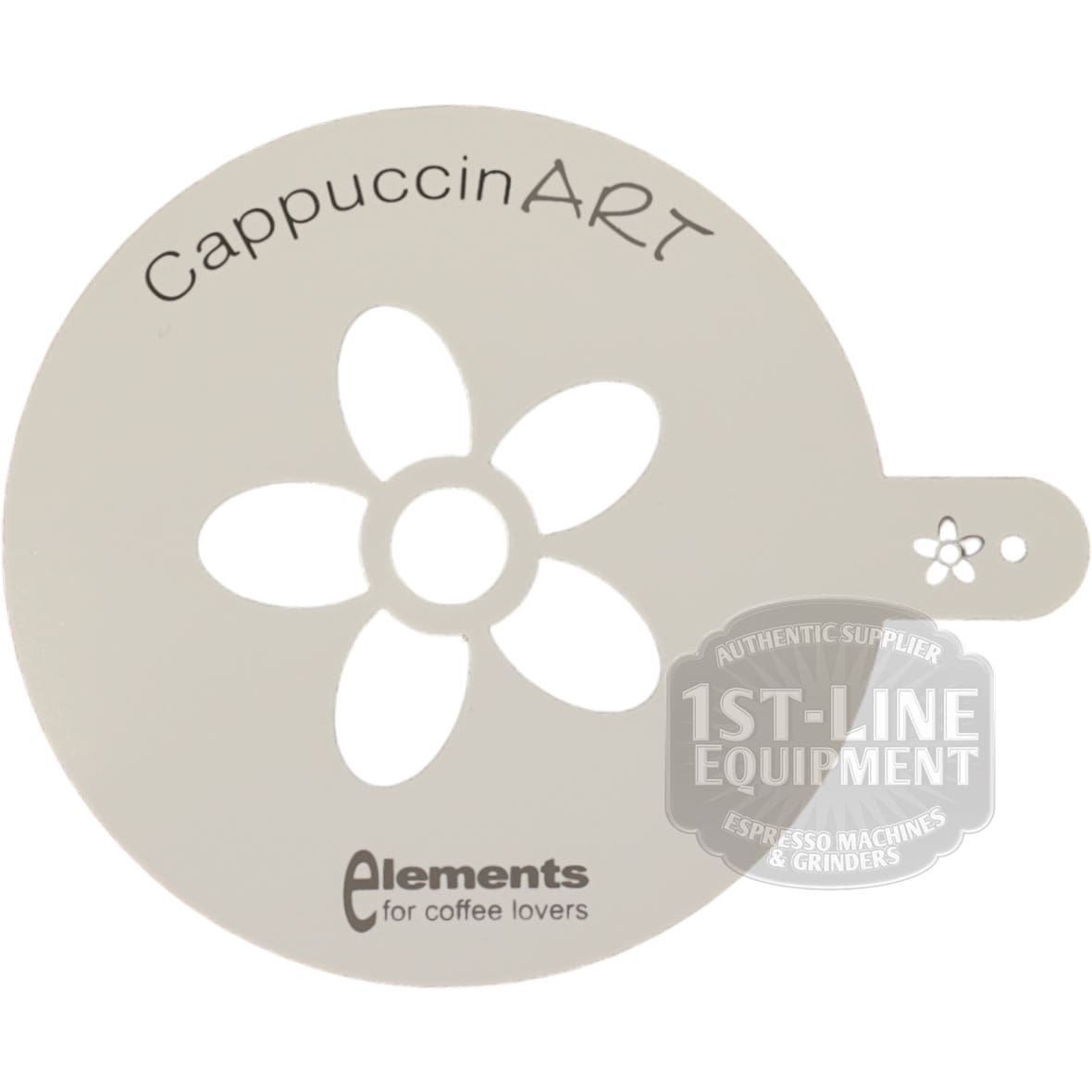 The Ascaso CappuccinART Latte Art Flower Pattern stencil is ideal for creating beautiful latte art flowers, featuring the Elements logo and a 1st-Line Equipment watermark for easy and stylish coffee decoration. © 2025 1st-line.com