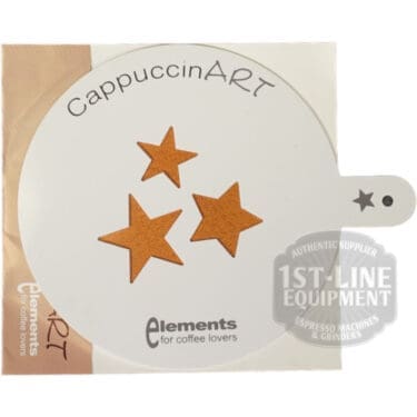 The Ascaso CappuccinART Latte Art Stars Pattern stencil features three star-shaped cutouts for creating stunning latte art. Packaged with Ascaso branding, its ideal for coffee lovers seeking creative designs. © 2025 1st-line.com