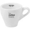 The Ascaso Cappuccino Cup & Saucer - 5 fl oz is a white ceramic cup with a large handle and for coffee lovers and ascaso since 1962 printed in black, perfect for enjoying your favorite cappuccino. © 2025 1st-line.com