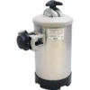 The Ascaso DVA Water Softener - 8 liter, with bypass is a silver dental sterilizer featuring a black top handle, side control knob, front specification label, and stands upright on a black base. © 2025 1st-line.com