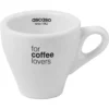 The Ascaso Espresso Cup & Saucer - 2 fl oz is a white ceramic cup with ascaso since 1962 on the inner rim and for coffee lovers on the outside, both in black. It features a small handle and comes paired with a matching saucer. © 2025 1st-line.com