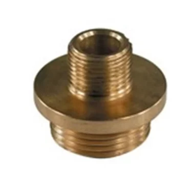 The Ascaso F..946 Lower Fitting Connector features 3/8 M x 3/4 M brass threads and a central hex flange, ideal for plumbing or pipe connections in Ascaso machines. © 2025 1st-line.com