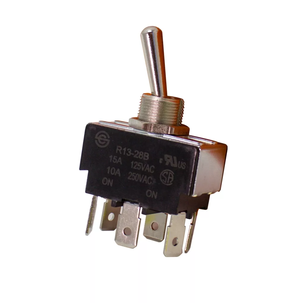 The Ascaso I..158 On-Off 6 Prong Bipolar Switch features a black rectangular base, silver lever, and 6 prong connectors. The base label lists voltage and current ratings. © 2025 1st-line.com