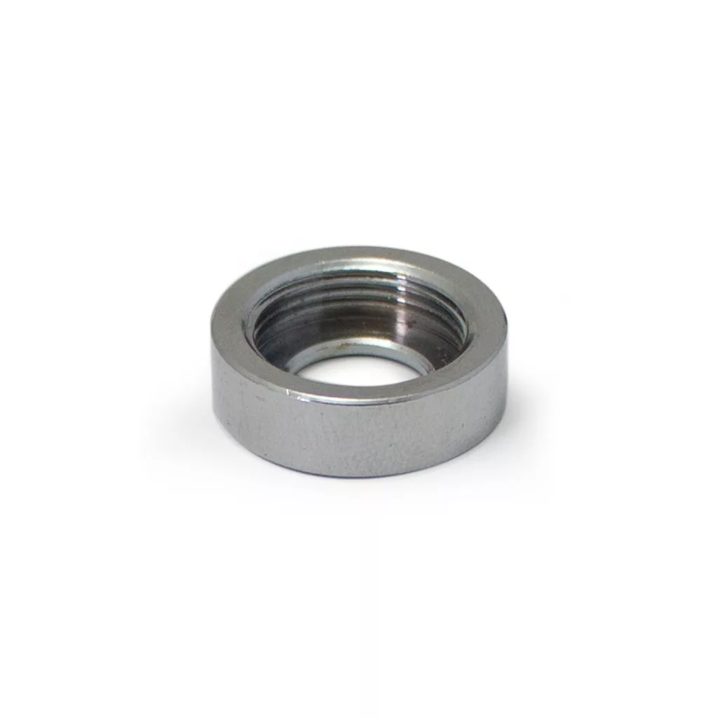 The Ascaso I.2250 Holding Nut - Power Switch, a silver metal threaded ring nut often used in espresso machines, is shown on a white background at an angle to reveal its inner threads and smooth outer surface. © 2025 1st-line.com