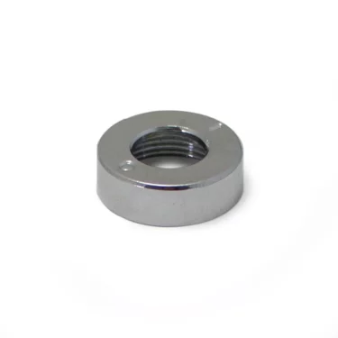 The Ascaso I.2250 Holding Nut - Power Switch is a shiny, metallic, circular nut with internal threading and a reflective surface, ideal for securing parts in espresso makers or coffee machines. © 2025 1st-line.com