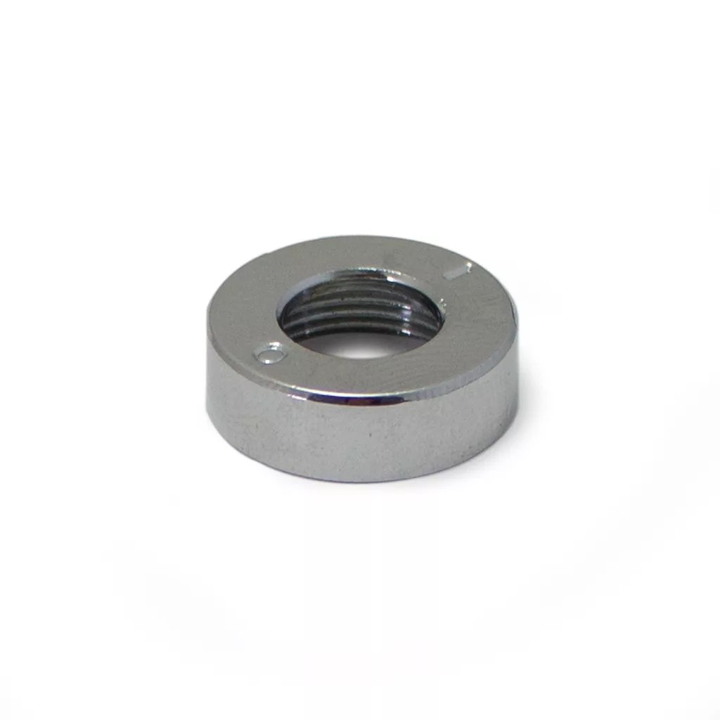 The Ascaso I.2250 Holding Nut - Power Switch is a shiny, metallic, circular nut with internal threading and a reflective surface, ideal for securing parts in espresso makers or coffee machines. © 2025 1st-line.com