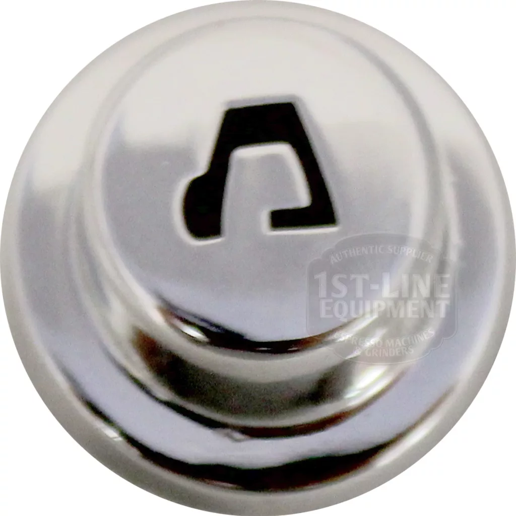 The Ascaso I.2522 Short Coffee Push Button is a shiny, metallic button with a black telephone handset icon in the center, typically used on machines or devices to indicate phone functionality. © 2025 1st-line.com