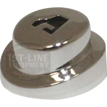 The Ascaso I.2523 Large Coffee Push Button, featuring a shiny metallic finish and a raised number 1 on top, is shown on a white background with the 1st-Line Equipment logo reflected on its surface. © 2025 1st-line.com