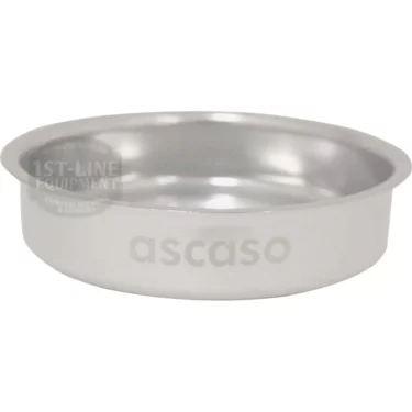The Ascaso I.2635 Pod 57mm Filter Basket for Removable Portafilter (2015 Version), crafted from stainless steel with branding on the side, is shown against a plain white background. © 2025 1st-line.com