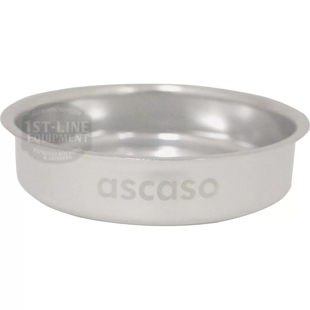 The Ascaso I.2635 Pod 57mm Filter Basket for Removable Portafilter (2015 Version), crafted from stainless steel with branding on the side, is shown against a plain white background. © 2025 1st-line.com