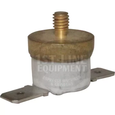 The Ascaso I.2667 Thermostat 165 is a 165-degree espresso machine thermostat with a brass top, threaded bolt, and two flat mounting brackets, labeled 1st-Line Equipment. © 2025 1st-line.com