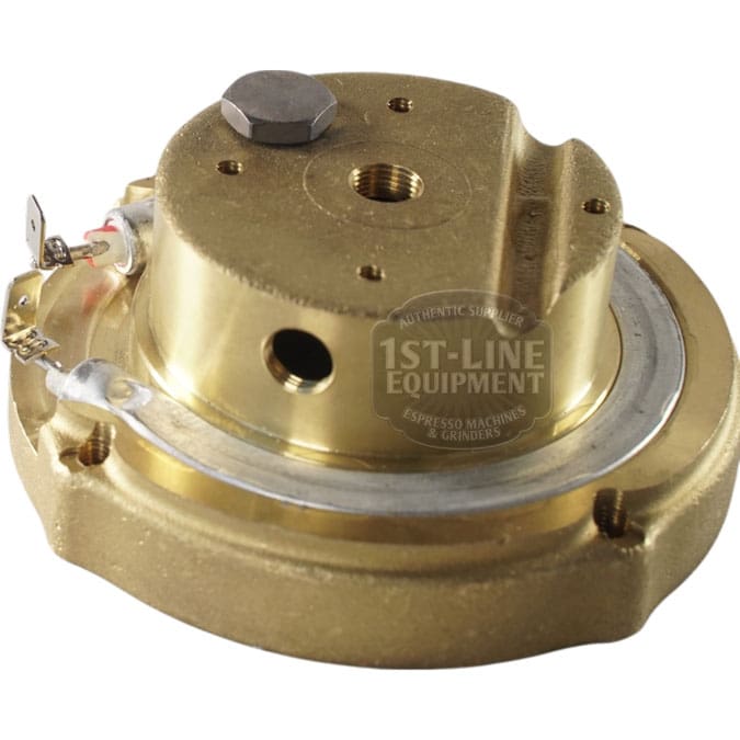 The Ascaso I.365N 110V Brass Boiler / Heating Element - 2 hole, featuring electrical connectors and a round, compact design, is shown on a white background with the 1st-Line Equipment watermark. © 2025 1st-line.com