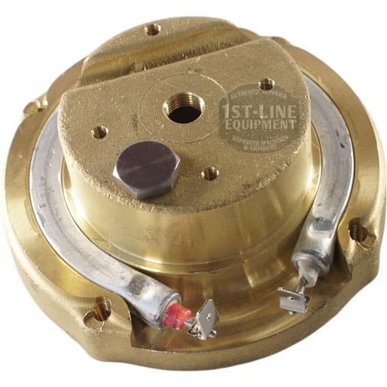 The Ascaso I.365N 110V Brass Boiler / Heating Element - 2 hole for espresso machines, shown with curved wires, mounting holes, and connectors on a white background. Compatible with Ascaso I.365N models. © 2025 1st-line.com