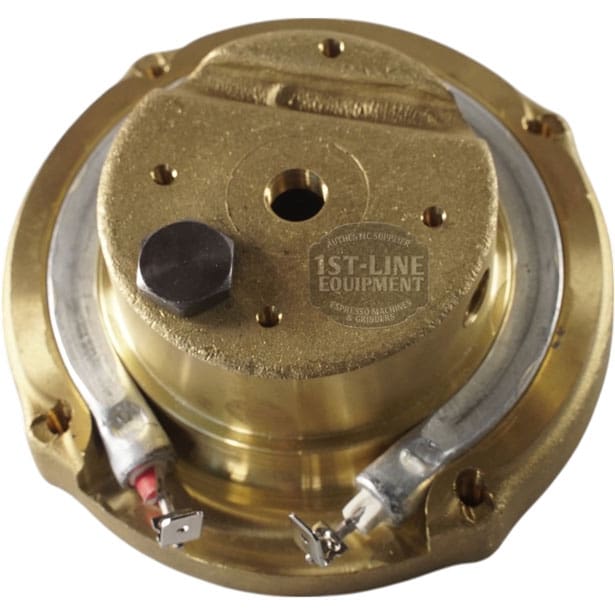 The Ascaso I.365N 110V Brass Boiler/Heating Element (2 hole) features two metal terminals and a small black component, designed for use in Ascaso espresso machines. © 2025 1st-line.com