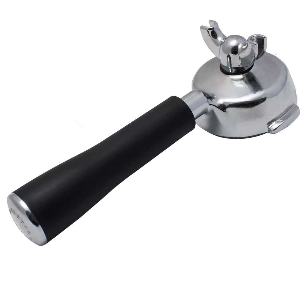 The Ascaso I..581 58mm Dual Spout Portafilter features a black handle and a shiny silver filter basket, displayed isolated on a white background. © 2025 1st-line.com