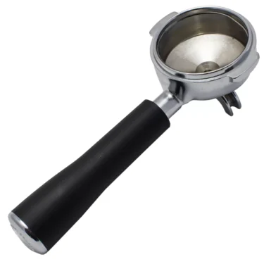 The Ascaso I..581 58mm Dual Spout Portafilter, featuring a black handle and metal filter basket for espresso preparation, is displayed against a white background. © 2025 1st-line.com