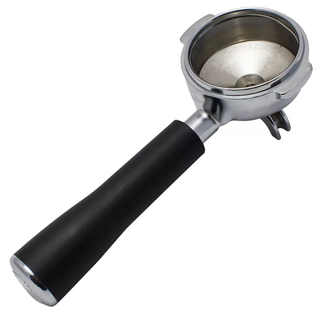 The Ascaso I..581 58mm Dual Spout Portafilter, featuring a black handle and metal filter basket for espresso preparation, is displayed against a white background. © 2025 1st-line.com