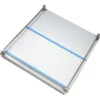 The Ascaso I..939 Top Panel-inspired rectangular glass shelf features metal brackets, two parallel blue lines on the surface, raised edges for support, and is designed for wall mounting. © 2025 1st-line.com