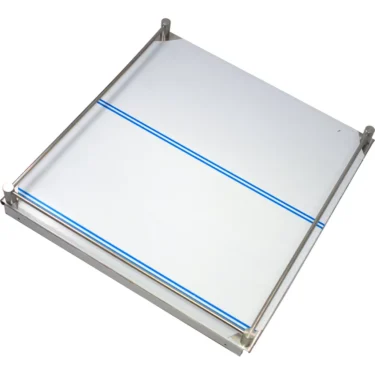 The Ascaso I..939 Top Panel-inspired rectangular glass shelf features metal brackets, two parallel blue lines on the surface, raised edges for support, and is designed for wall mounting. © 2025 1st-line.com