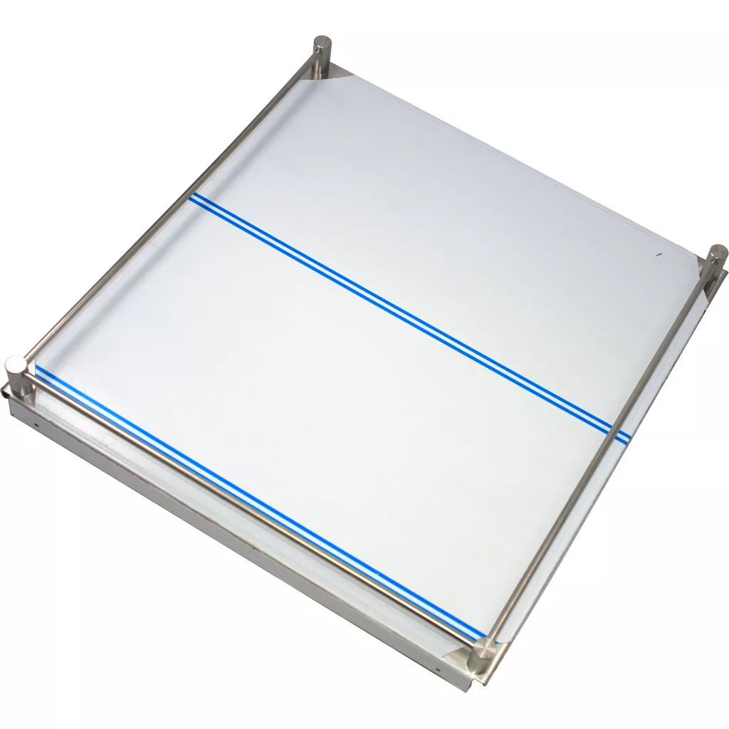The Ascaso I..939 Top Panel-inspired rectangular glass shelf features metal brackets, two parallel blue lines on the surface, raised edges for support, and is designed for wall mounting. © 2025 1st-line.com