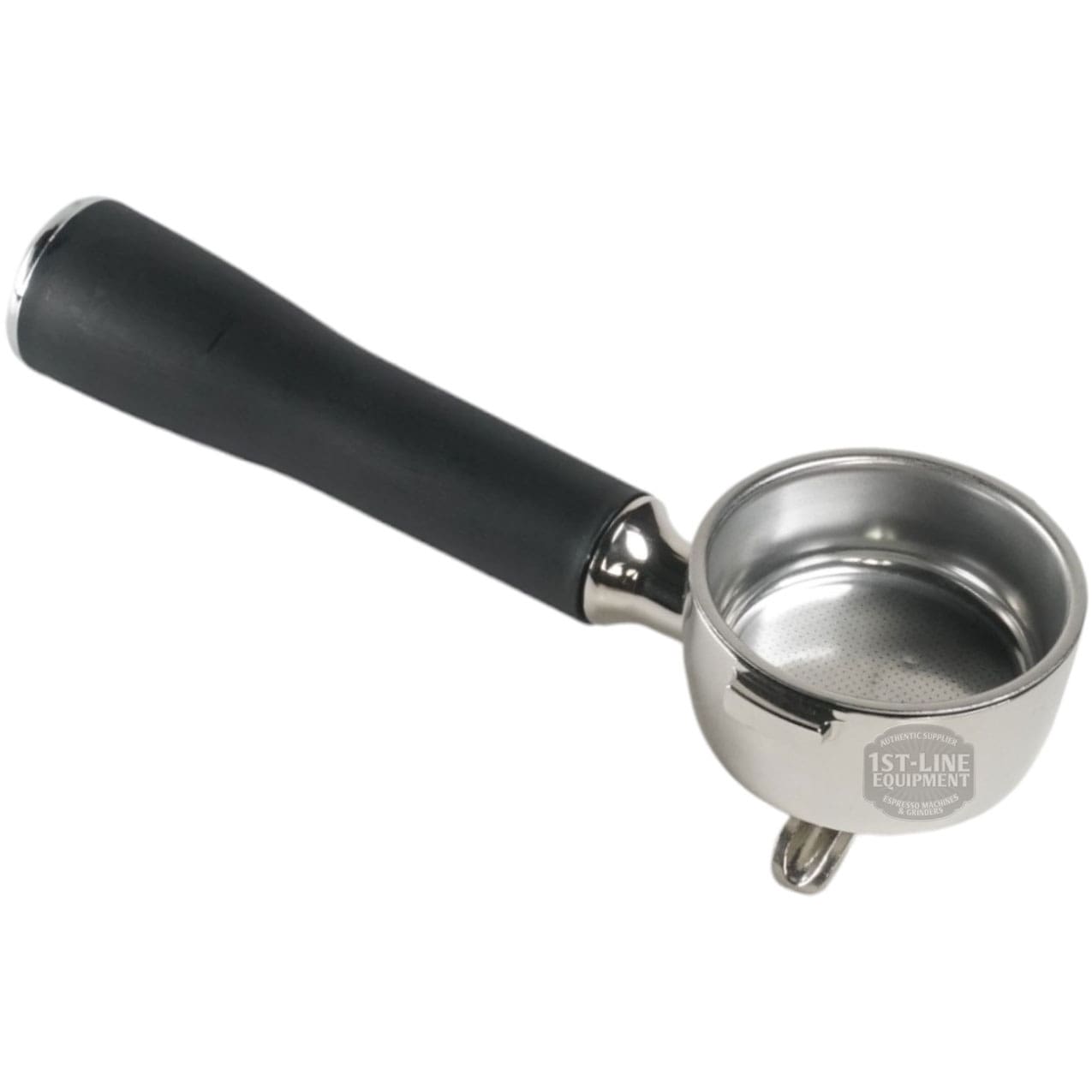 The Ascaso PM.100 Versatile Portafilter 57mm with Single Cup Basket features a black handle and durable metal build, shown from an angle that highlights its quality espresso-ready design. © 2025 1st-line.com