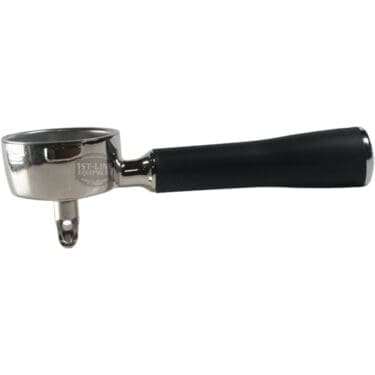 The Ascaso PM.100 Versatile Portafilter 57mm with Single Cup Basket, featuring a black handle and spout, is displayed on a white background with its handle and empty cup clearly visible. © 2025 1st-line.com