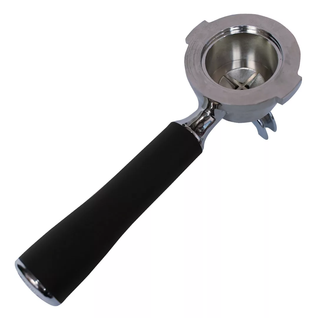 The Ascaso PM..84 Capsule Portafilter features a black handle, dual spouts, and an empty basket for capsules. Compatible with double dose Lavazza Point, its shown from above at an angle. © 2025 1st-line.com