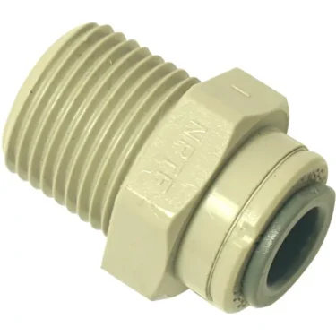 The Ascaso V.1368 is a beige plastic fitting with a 3/8 NPT male thread and an 8mm quick-connect port, designed for connecting pipes or tubing in plumbing or pneumatic systems. © 2025 1st-line.com